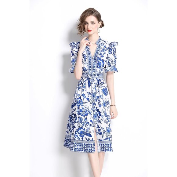 Women's Floral Print V-Neck Button Up Short Puff Sleeve Midi Dress - Picture 3 of 7
